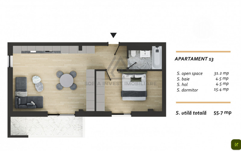 Apartament finisat 55,7mp cu balcon de 9mp in zona Terra Valea Chintaului