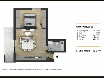 Apartament finisat 47,9 mp cu balcon de 9mp in zona Terra Valea Chintaului
