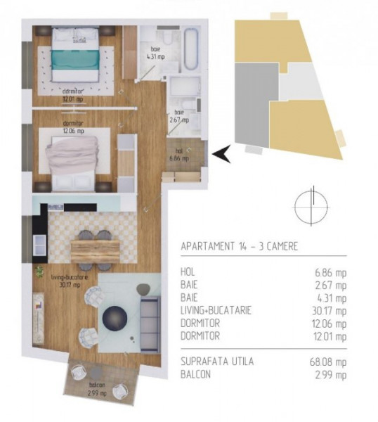 Apartament 3 camere 68mp in zona Calea Baciului