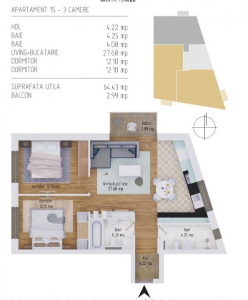 Apartament 3 camere 64mp utili